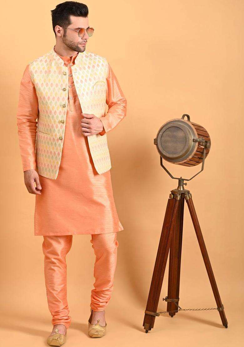 Peach Solid Silk Kurta Set For Men - Indya