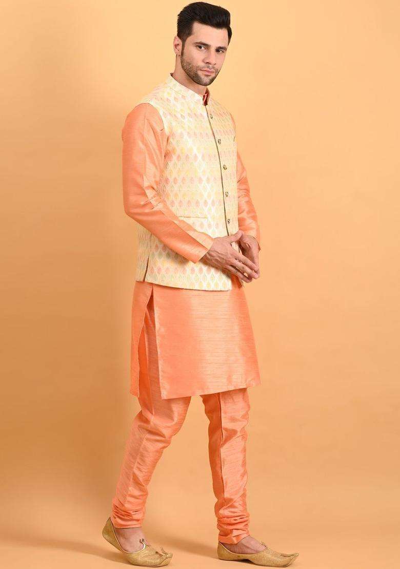 Peach Solid Silk Kurta Set For Men - Indya