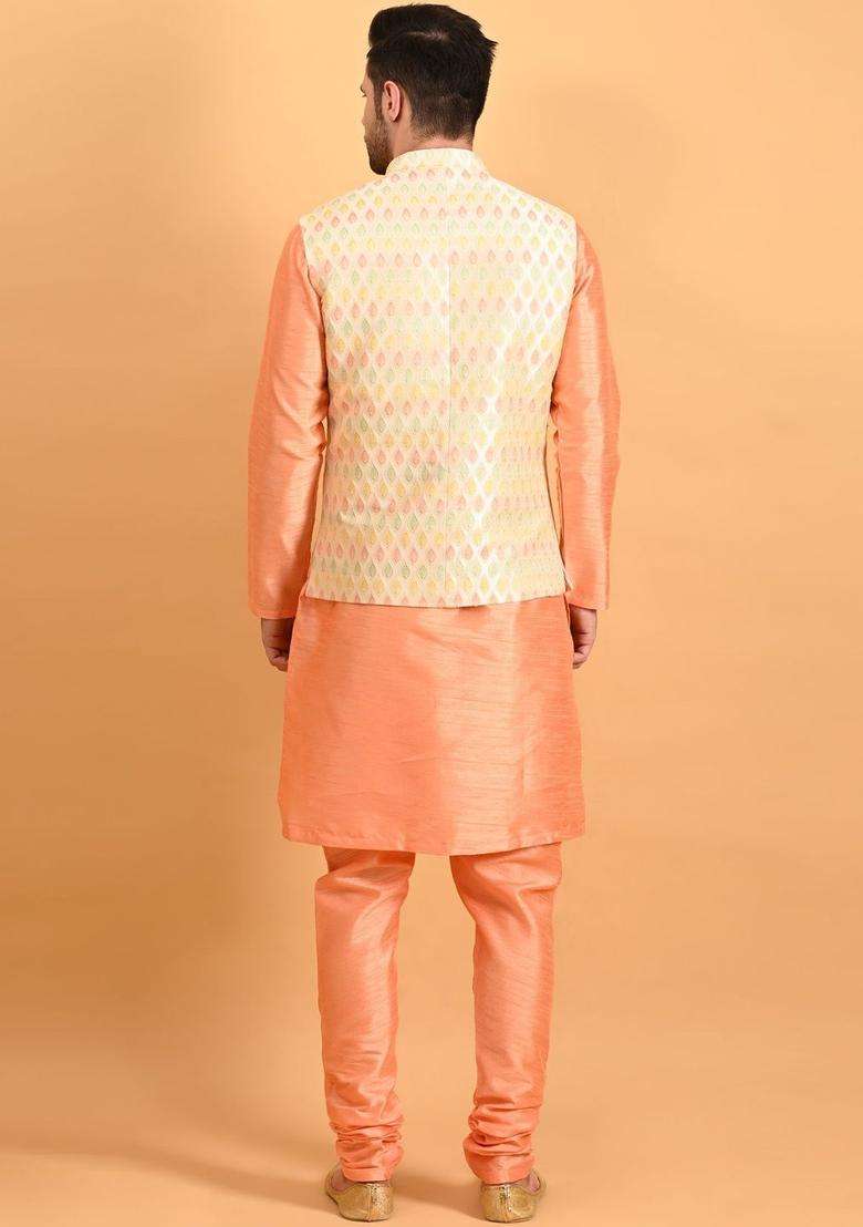 Peach Solid Silk Kurta Set For Men - Indya