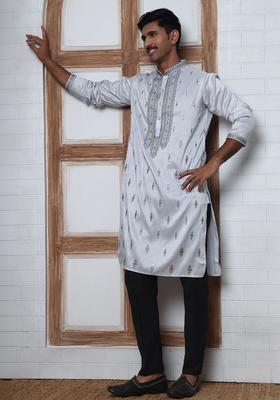 Silver Embroidered Silk Kurta Set For Men
