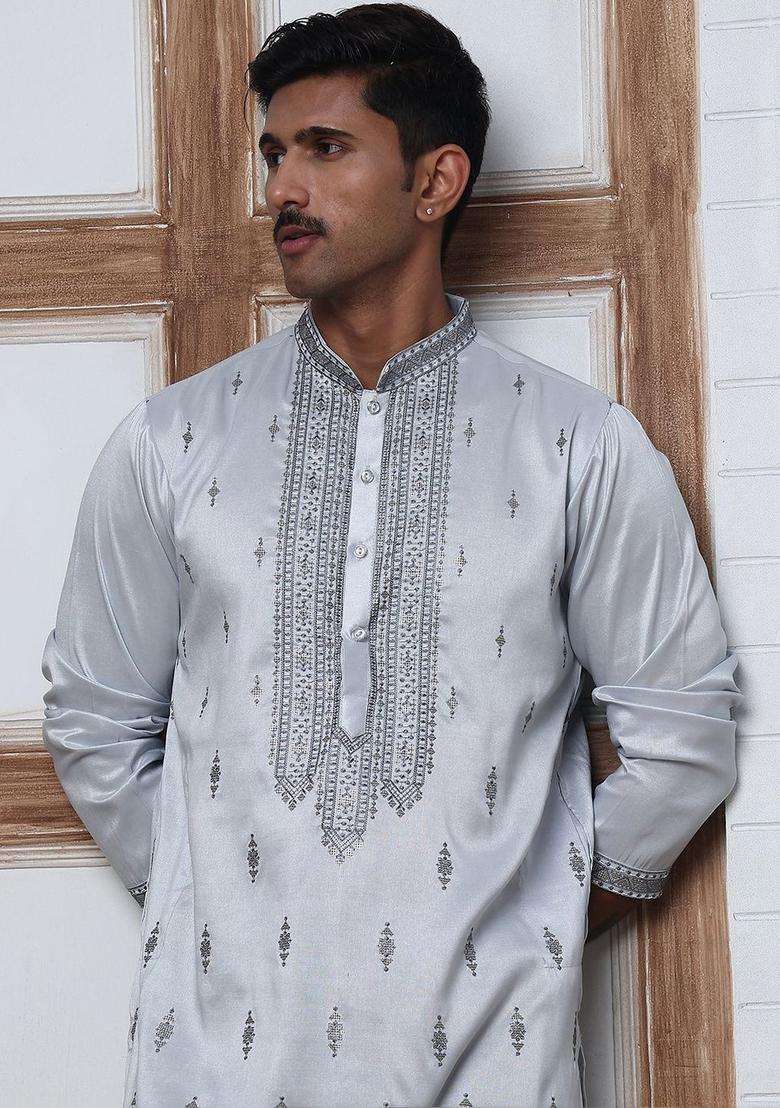 Silver Embroidered Silk Kurta Set For Men - Indya