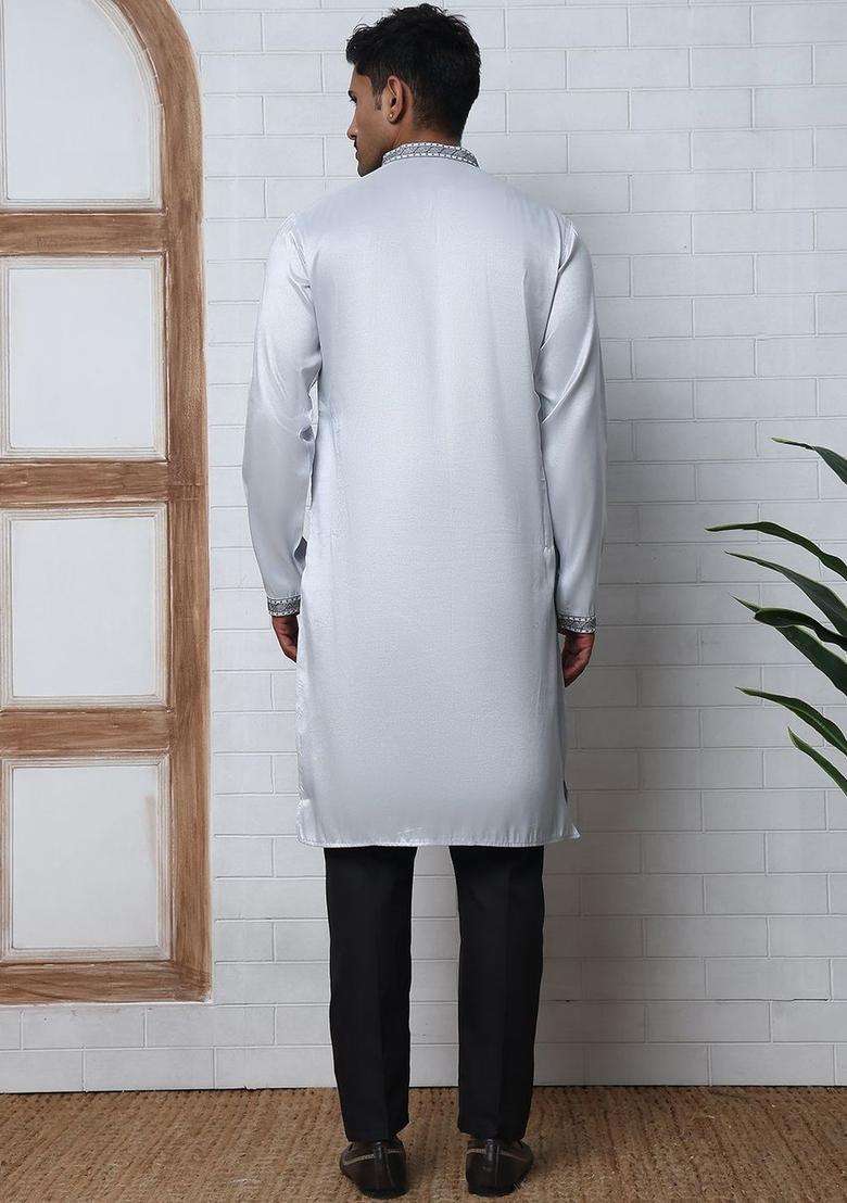 Silver Embroidered Silk Kurta Set For Men - Indya