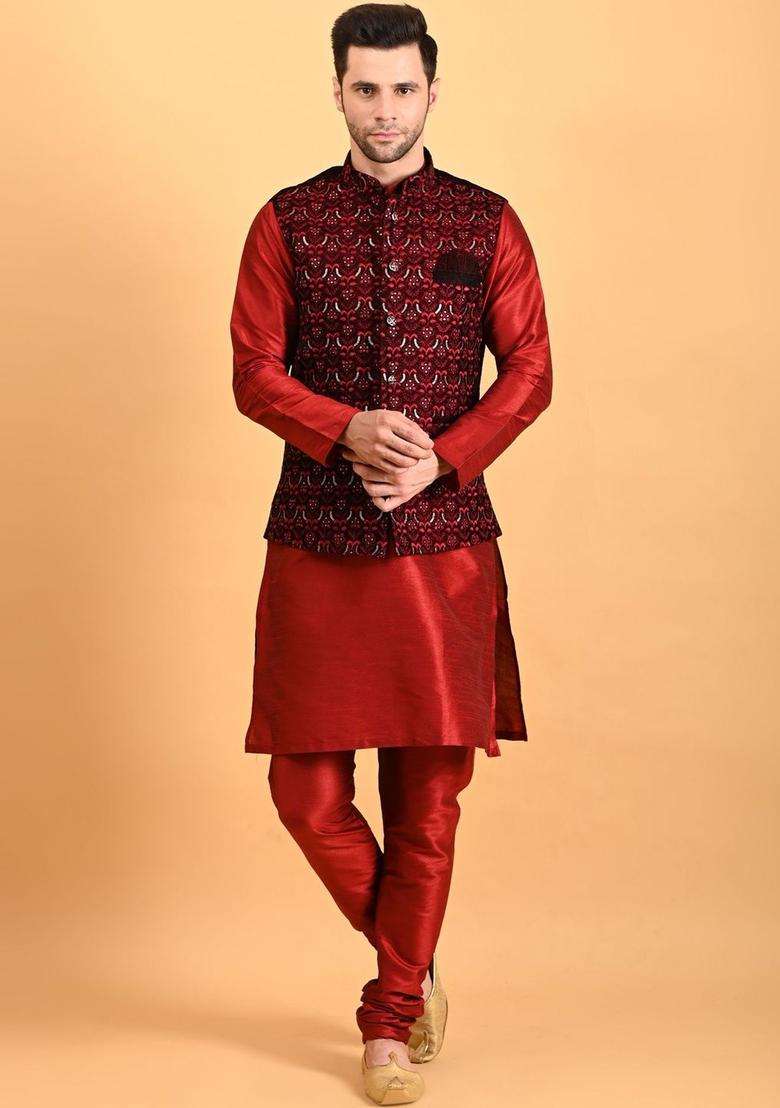 Red Solid Silk Kurta Set For Men - Indya