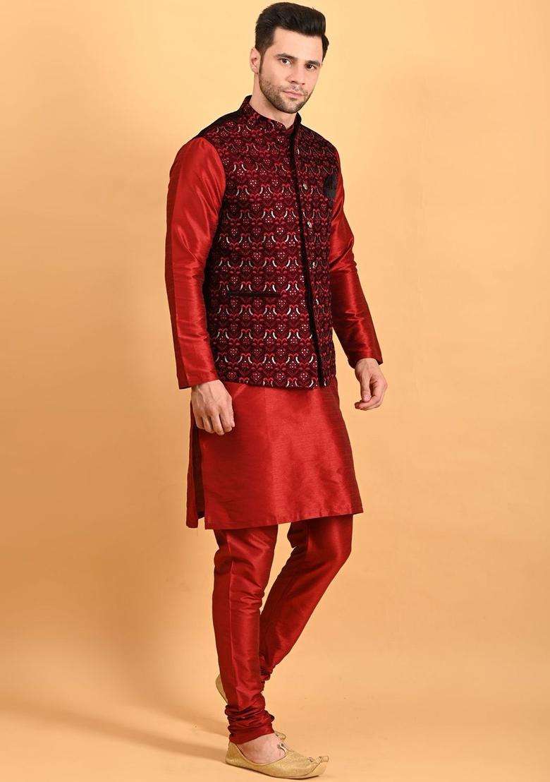 Red Solid Silk Kurta Set For Men - Indya