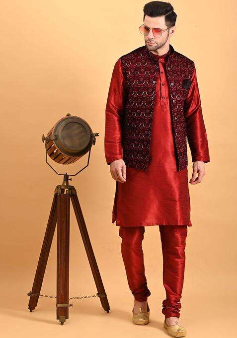 Red Solid Silk Kurta Set For Men