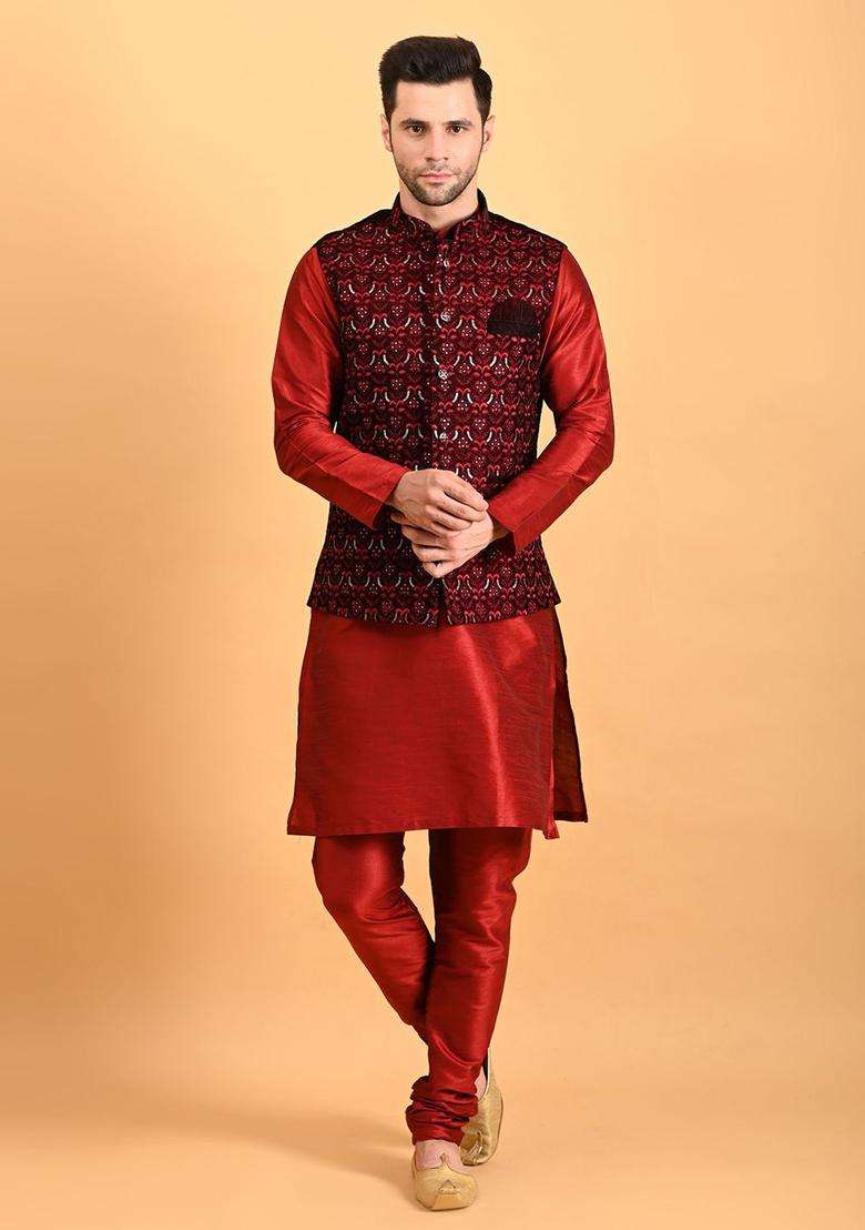 Red Solid Silk Kurta Set For Men - Indya