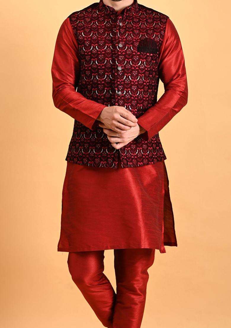 Red Solid Silk Kurta Set For Men - Indya