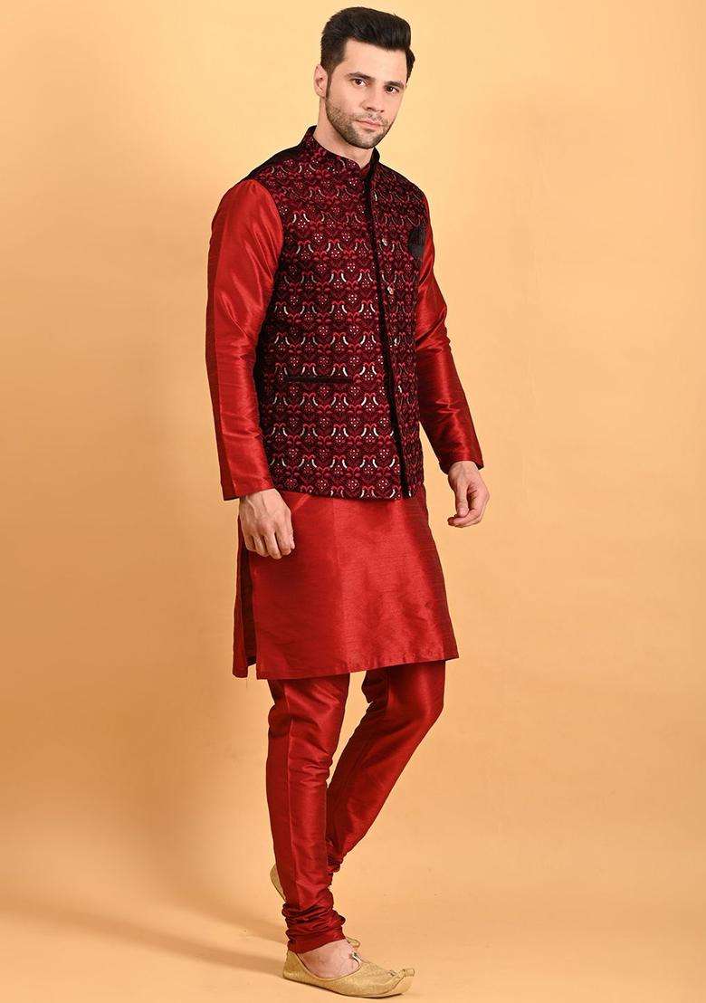 Red Solid Silk Kurta Set For Men - Indya