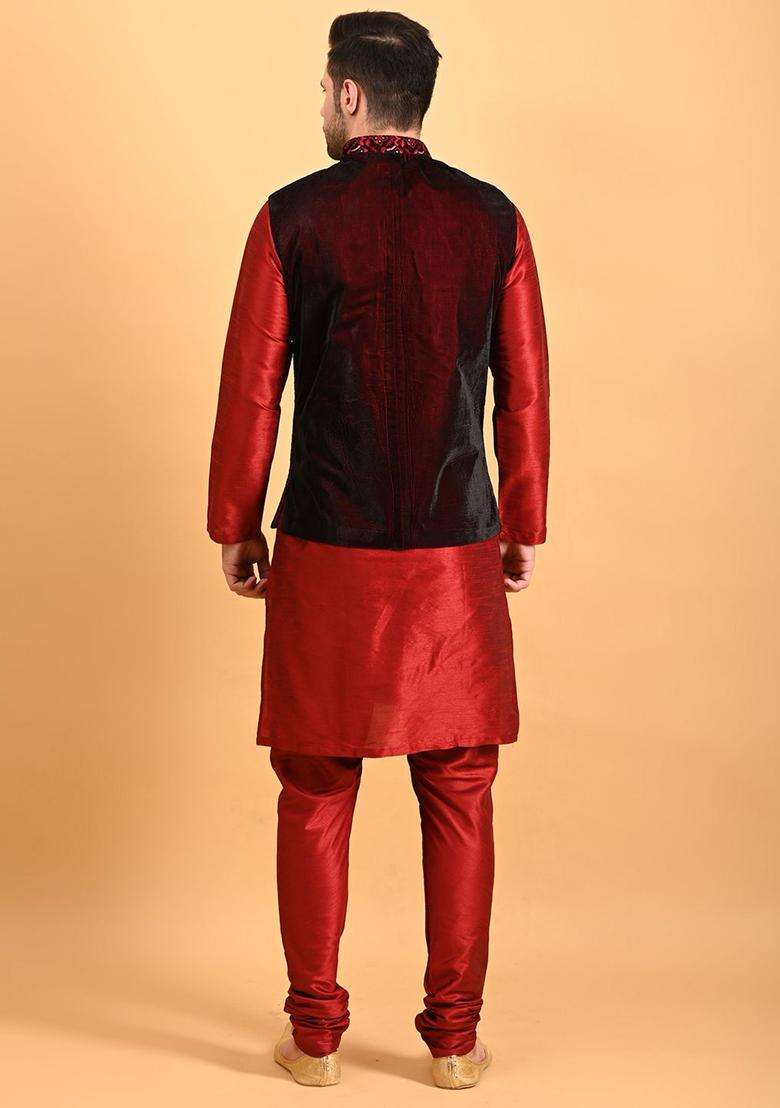Red Solid Silk Kurta Set For Men - Indya