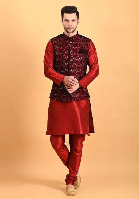 Red Solid Silk Kurta Set For Men