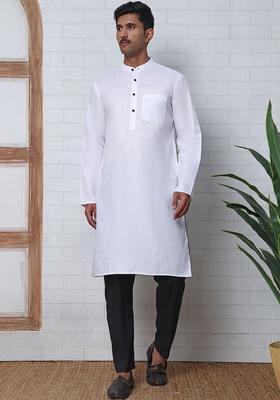 White Solid Cotton Kurta Set For Men