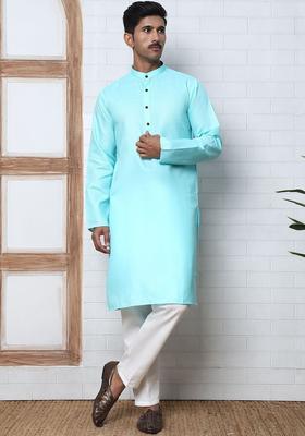 Turquoise Blue Solid Cotton Kurta Set For Men