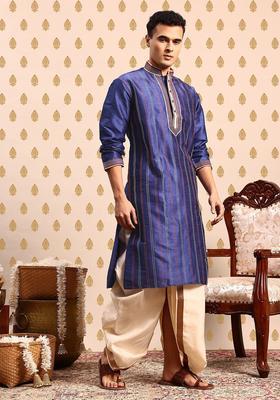 Blue Woven Design Polyester Kurta Set For Men