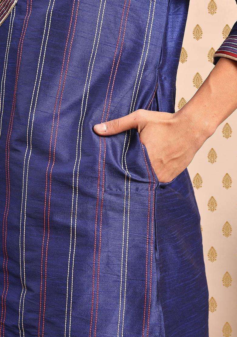 Blue Woven Design Polyester Kurta Set For Men - Indya