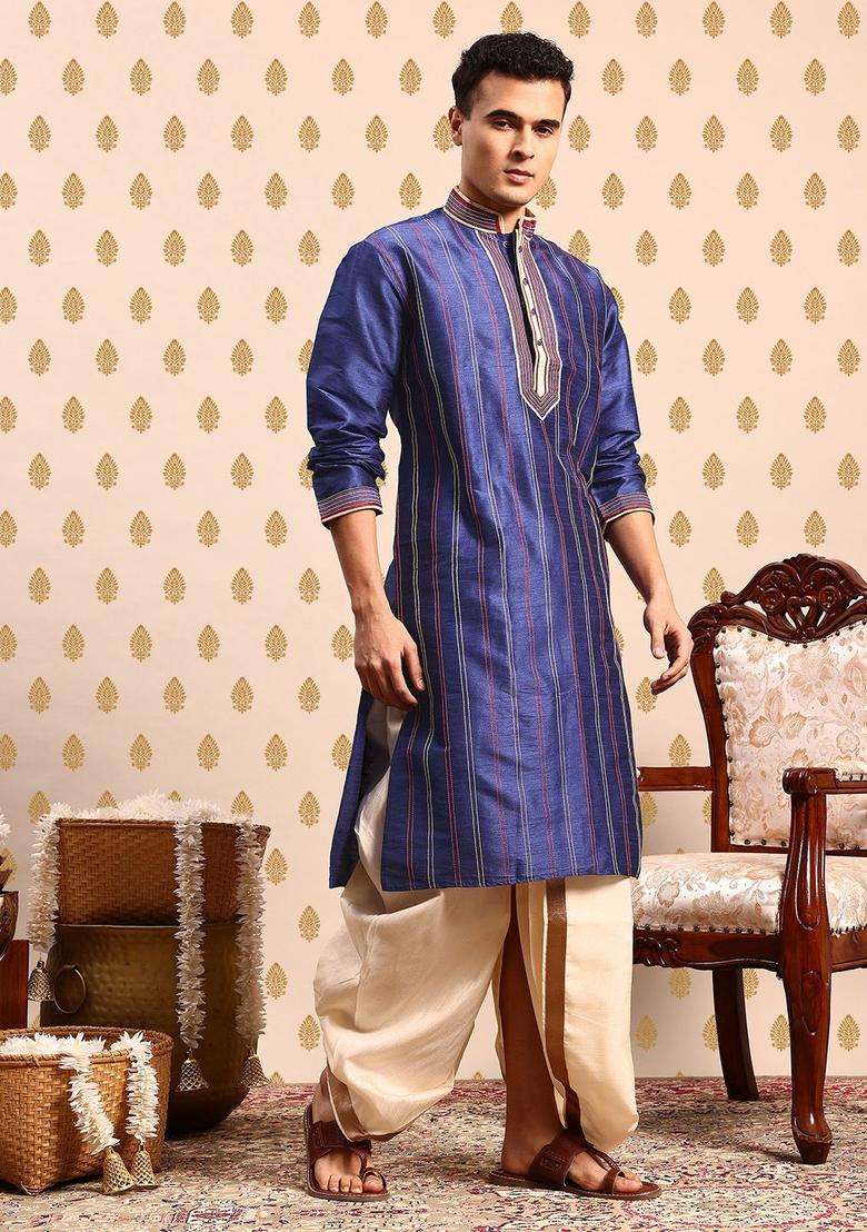 Blue Woven Design Polyester Kurta Set For Men - Indya