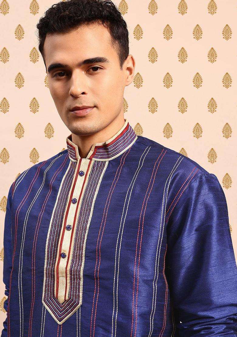 Blue Woven Design Polyester Kurta Set For Men - Indya
