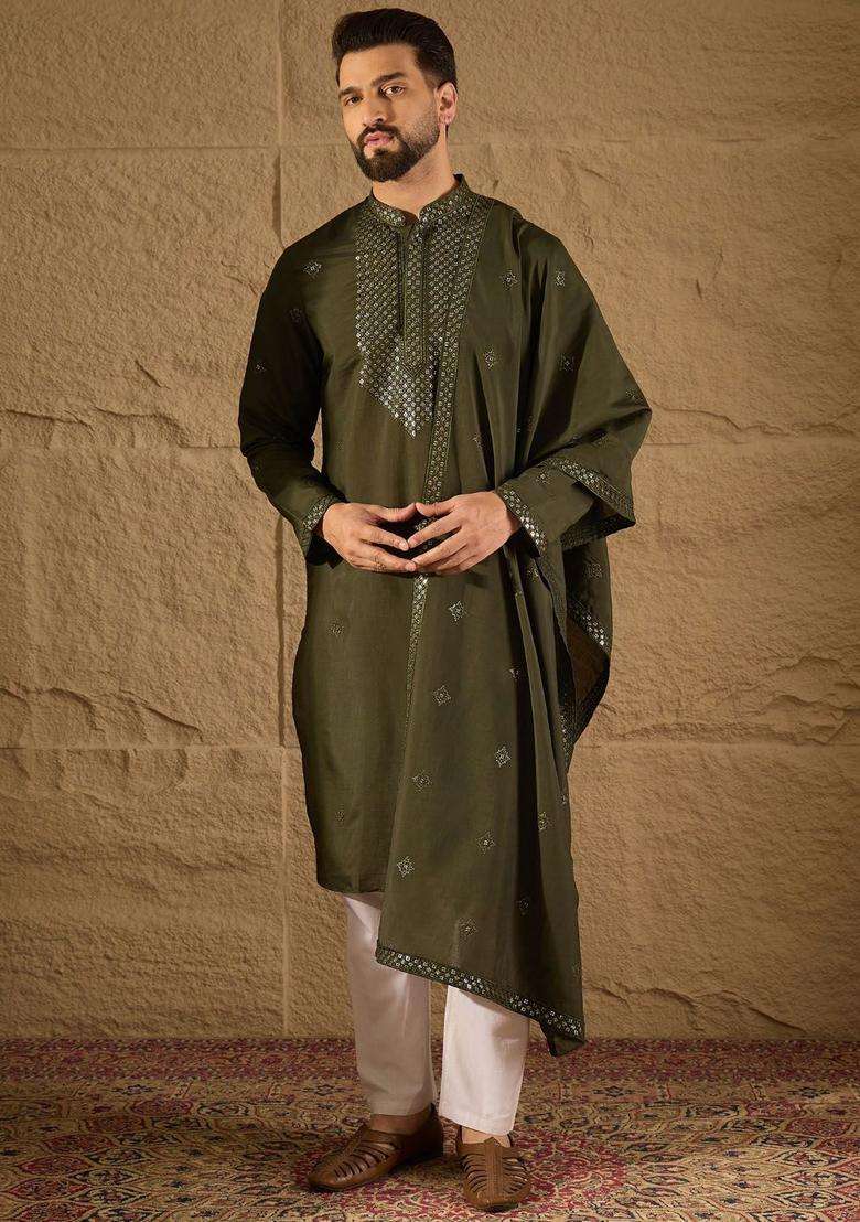 Olive Embroidered Silk Kurta Set For Men - Indya