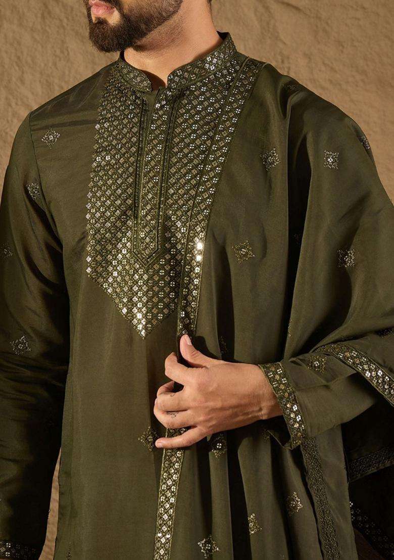 Olive Embroidered Silk Kurta Set For Men - Indya
