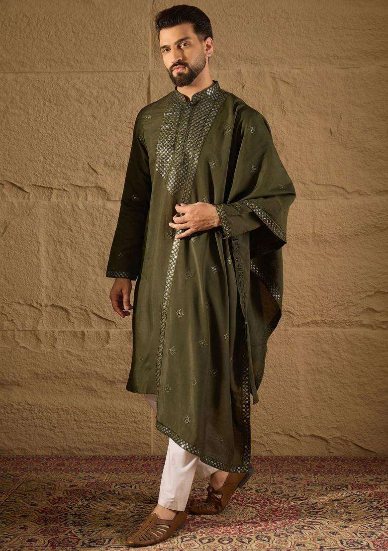 Olive Embroidered Silk Kurta Set For Men - Indya