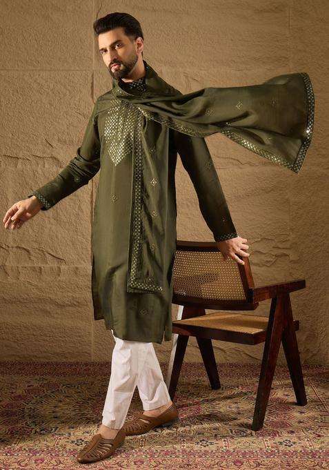 Olive Embroidered Silk Kurta Set For Men