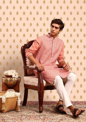 Pink Embroidered Polyester Kurta Set For Men