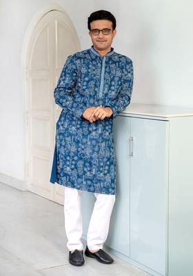 Blue Embroidered Polyester Kurta Set For Men