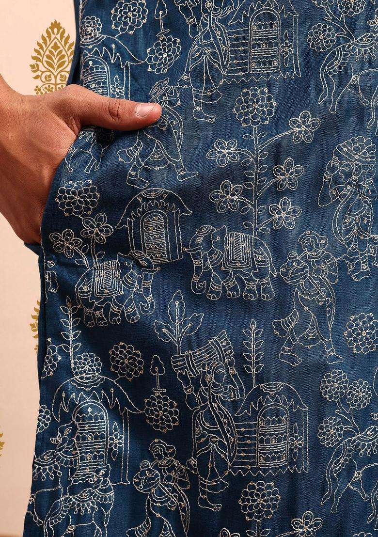 Blue Embroidered Polyester Kurta Set For Men - Indya