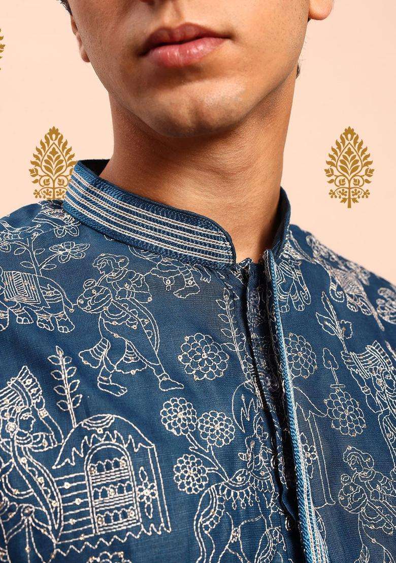 Blue Embroidered Polyester Kurta Set For Men - Indya