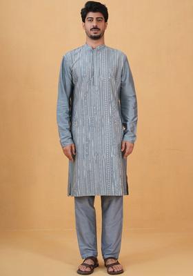 Grey Embroidered Cotton Kurta Set For Men