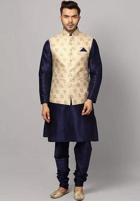 Navy Blue Solid Silk Kurta Set For Men