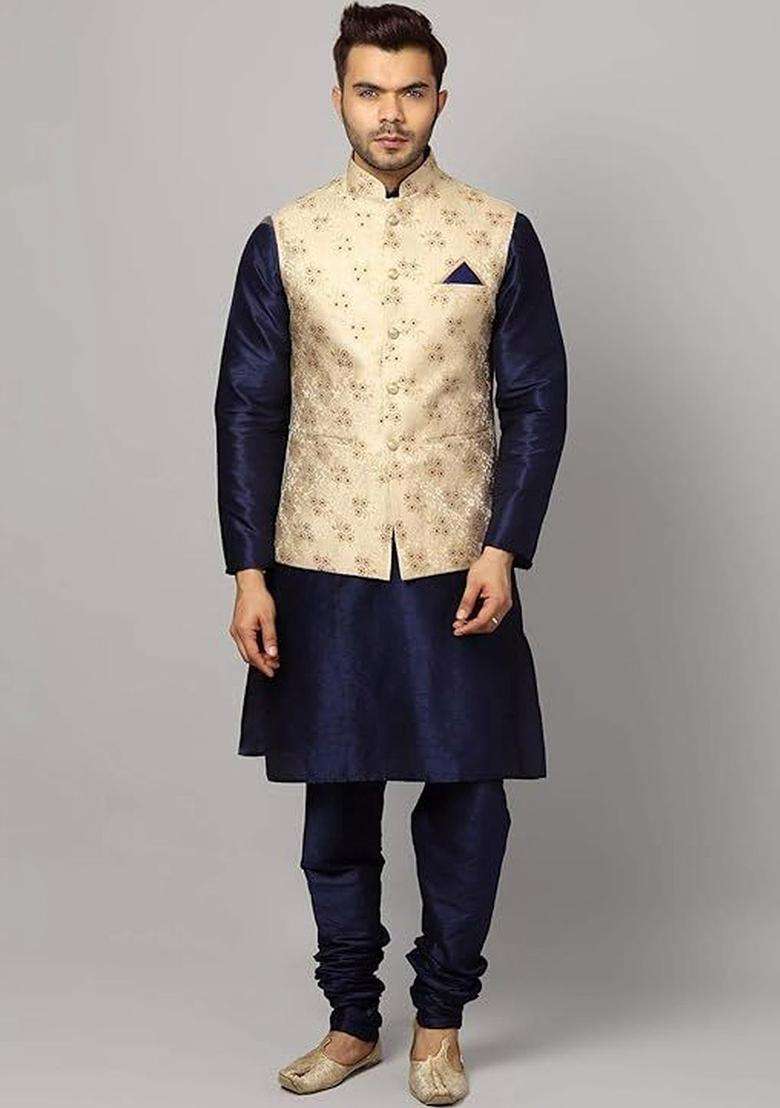 Navy Blue Solid Silk Kurta Set For Men - Indya