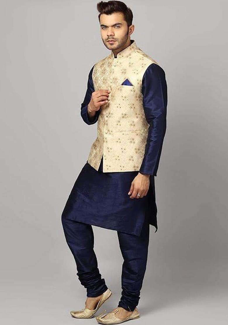 Navy Blue Solid Silk Kurta Set For Men - Indya