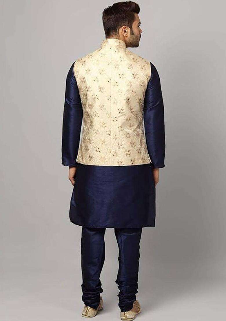 Navy Blue Solid Silk Kurta Set For Men - Indya