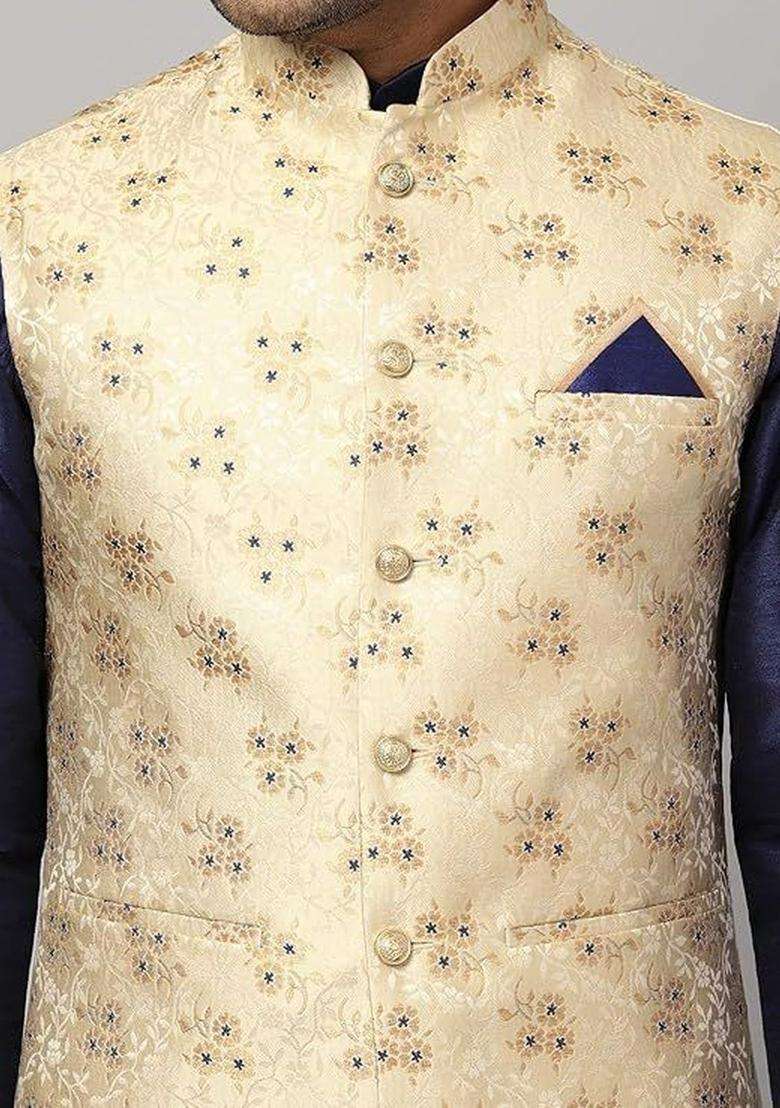 Navy Blue Solid Silk Kurta Set For Men - Indya