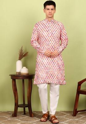 White Printed Cotton Kurta Set For Men