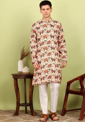 Beige Printed Cotton Kurta Set For Men