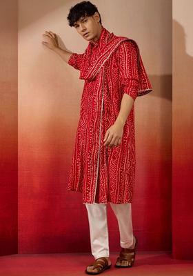 Red Printed Viscose Kurta Set For Men