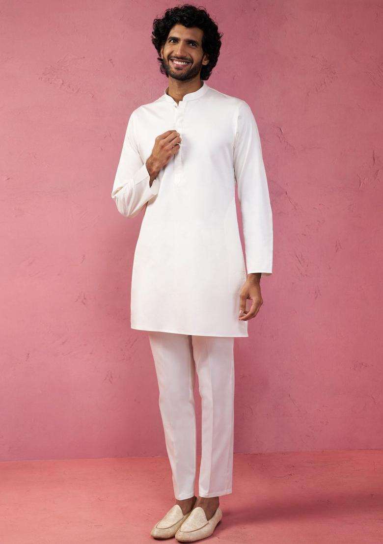 Off White Solid Satin Kurta Set For Men - Indya
