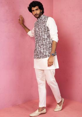 Off White Solid Satin Kurta Set For Men