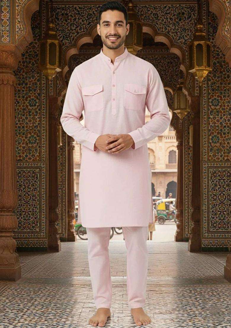 Pink Solid Polyester Kurta Set For Men - Indya