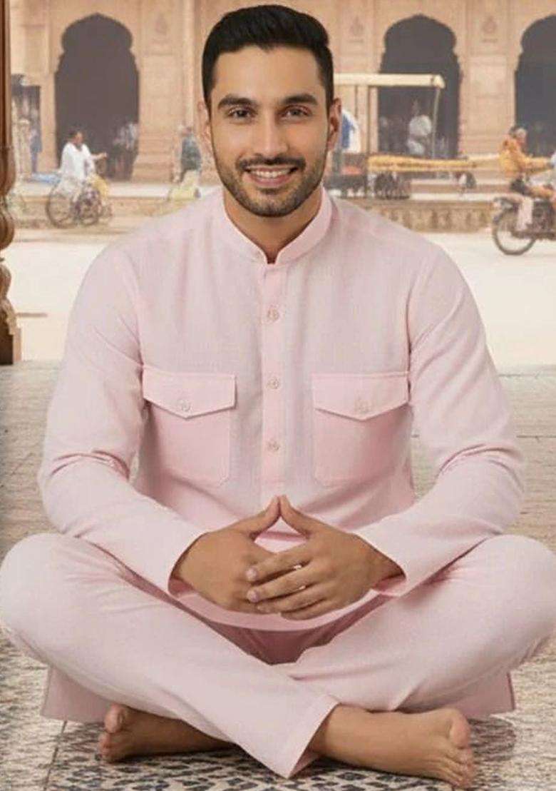 Pink Solid Polyester Kurta Set For Men - Indya