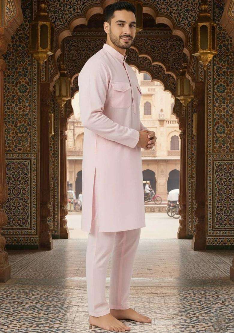 Pink Solid Polyester Kurta Set For Men - Indya