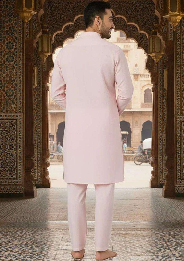 Pink Solid Polyester Kurta Set For Men - Indya