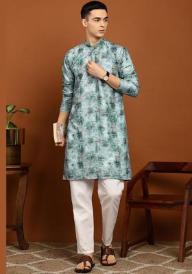 Green Printed Cotton Kurta Set For Men