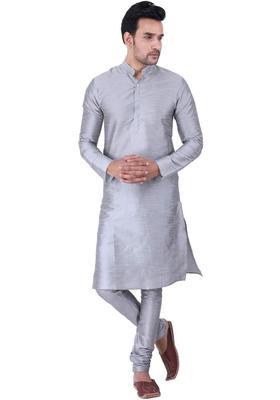 Grey Solid Silk Kurta Set For Men