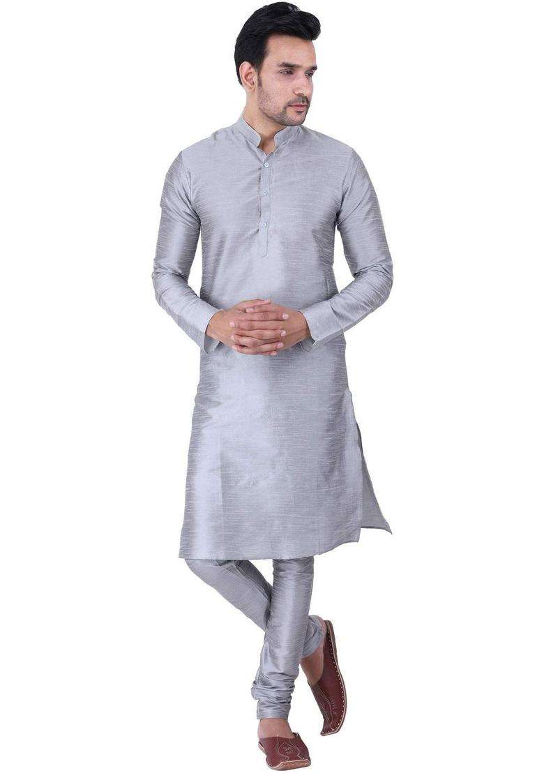 Grey Solid Silk Blend Kurta Set For Men - Indya