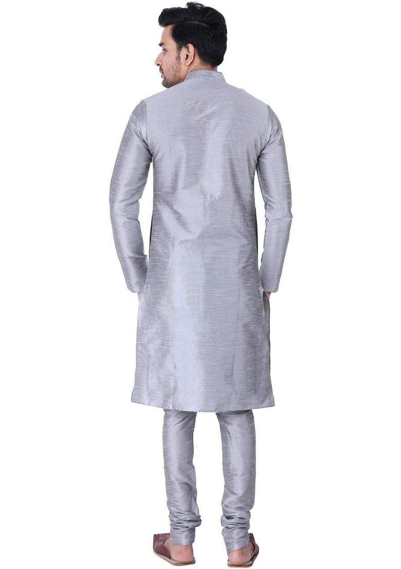 Grey Solid Silk Blend Kurta Set For Men - Indya