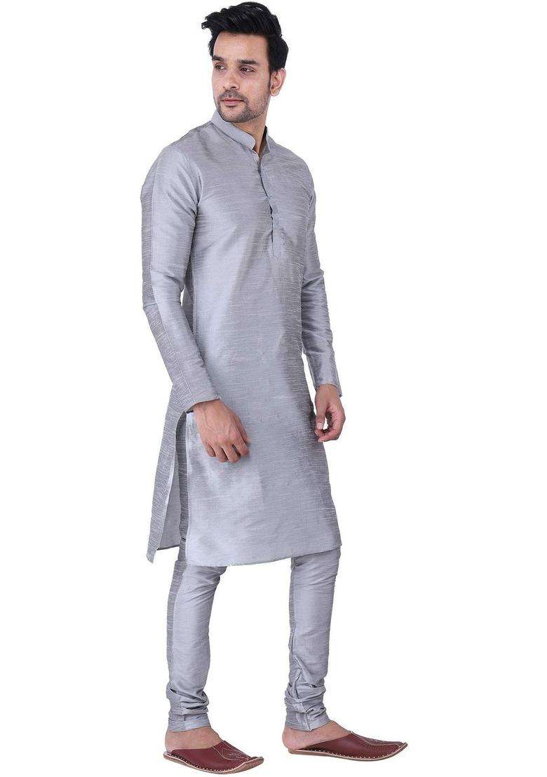Grey Solid Silk Blend Kurta Set For Men - Indya