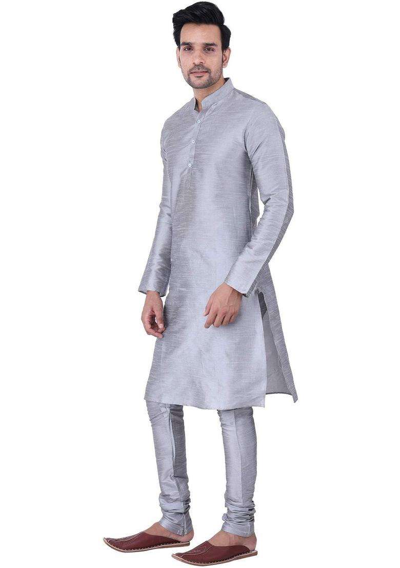 Grey Solid Silk Blend Kurta Set For Men - Indya