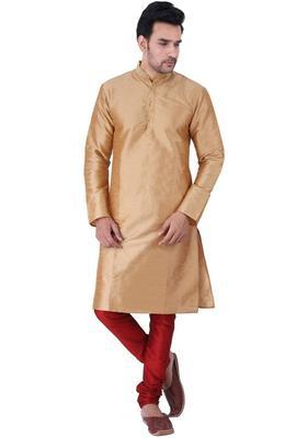Gold Solid Silk Kurta Set For Men